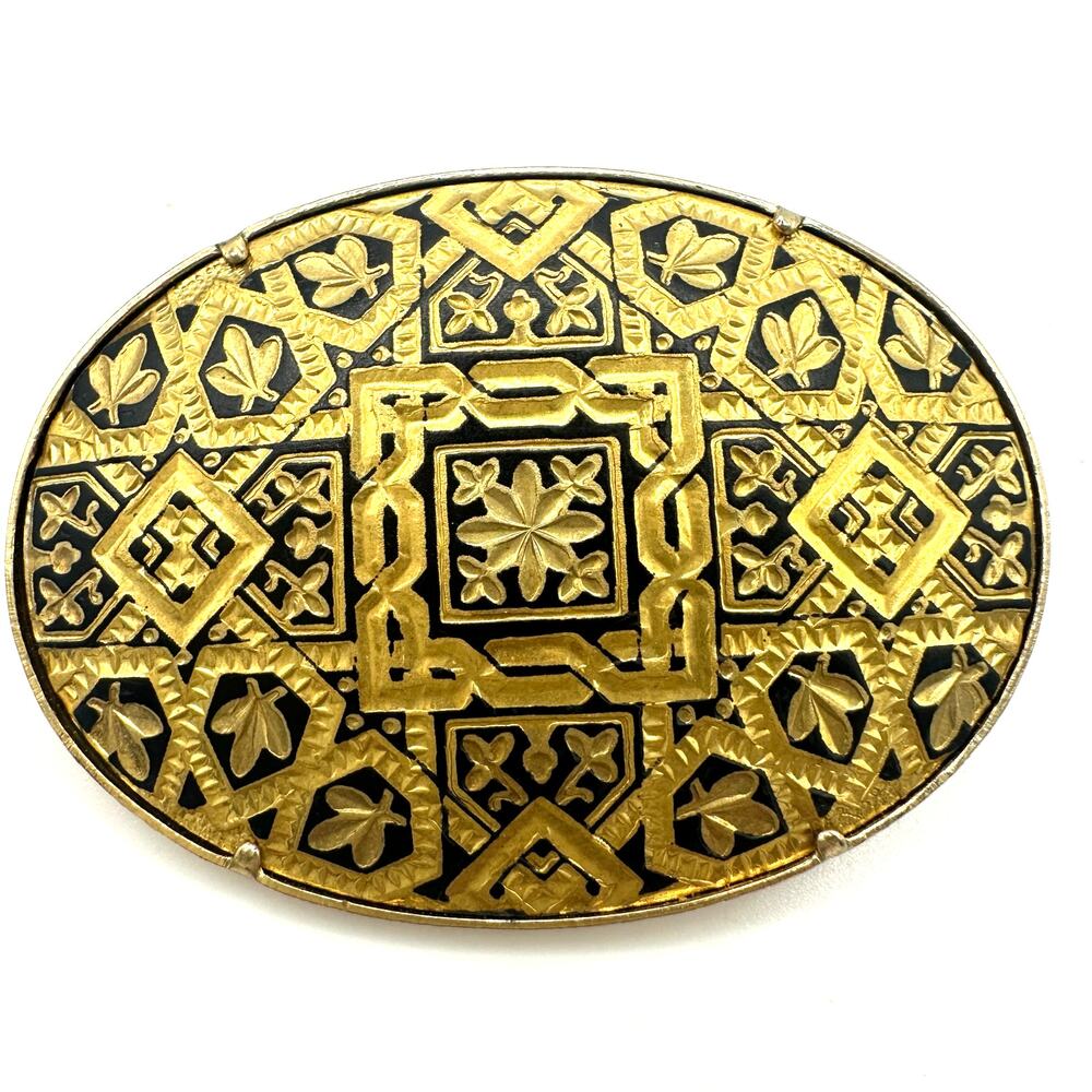 Vintage Japanese Damascene gold plated inlay black etched oval brooch pin